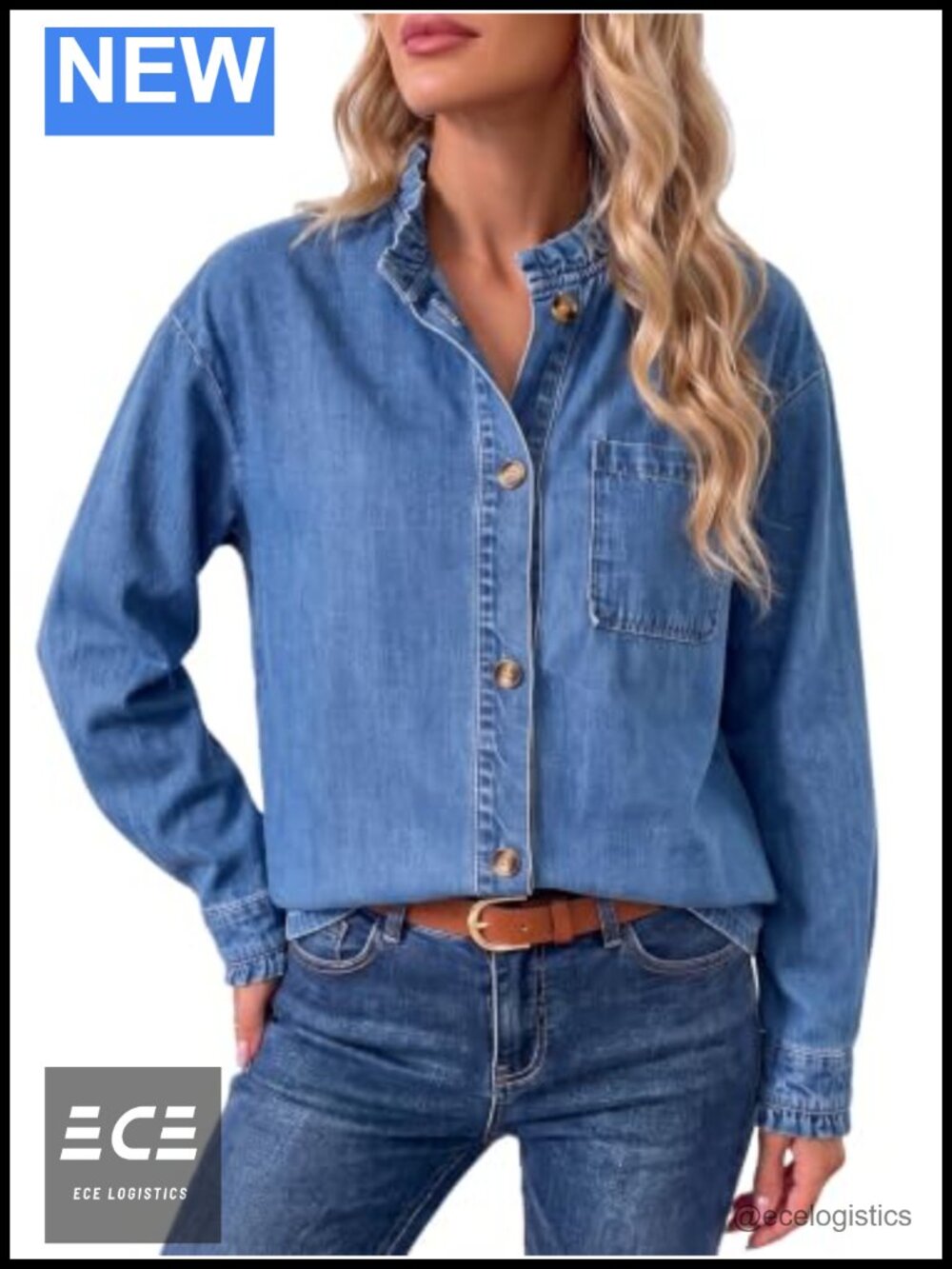 Flowyair Womens Denim Shirt Button Down Long Sleeve Ruffle Blouse